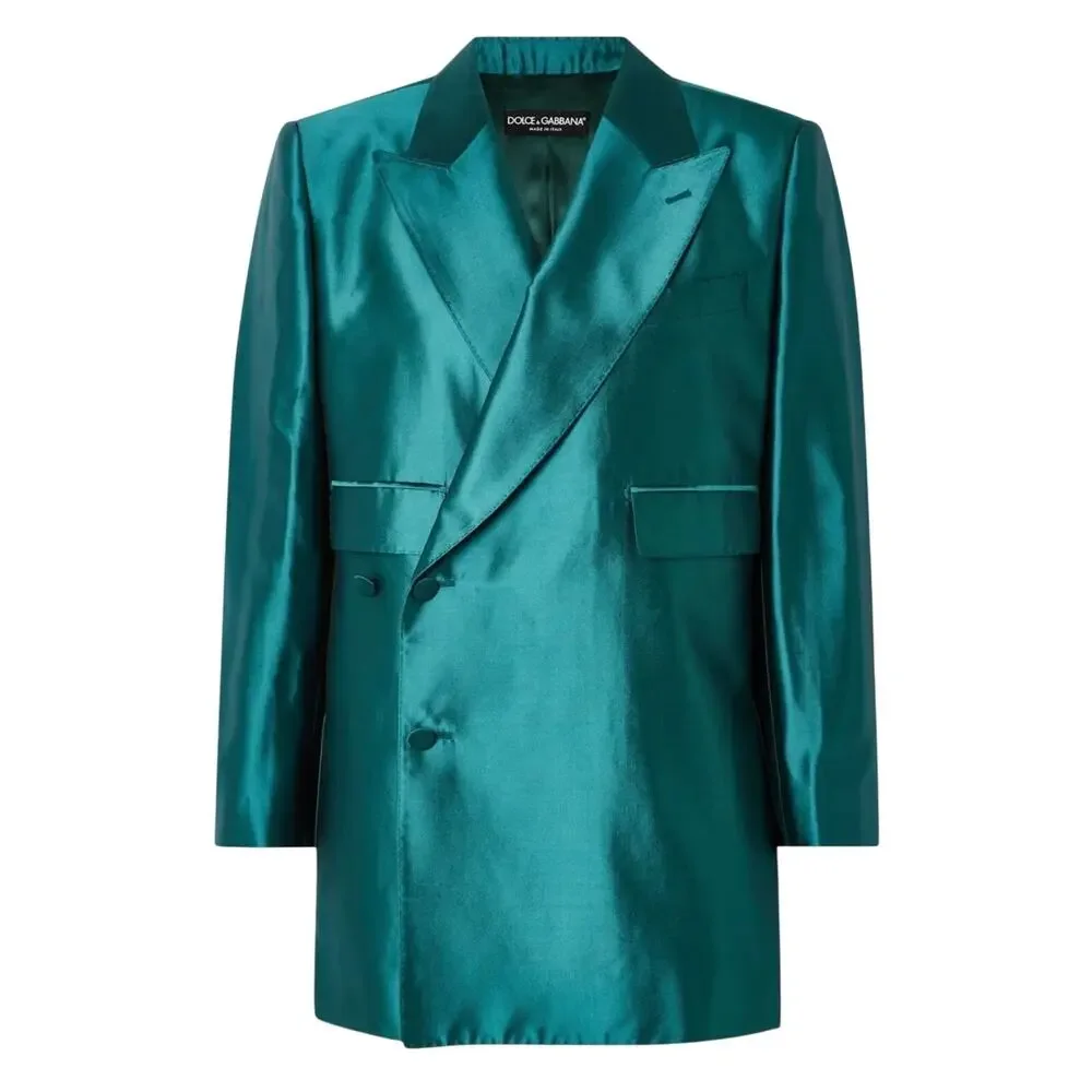 Dolce & Gabbana Cyan Green Mikado Silk Double-breasted Blazer IT 38 Oversized